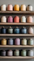 Colorful ceramic jars arranged on wooden shelves, showcasing artisanal pottery in pastel and earthy tones for home decor and storage solutions.