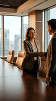 Professional businesswoman and businessman shaking hands in modern conference room with city skyline view during successful meeting or partnership agreement.