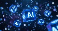 Glowing blue AI cubes floating in digital space with bokeh lights and particles. Artificial intelligence technology concept for futuristic design projects.