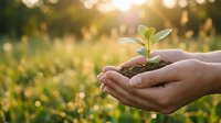 Hands holding seedling with soil in green field at sunset, symbolizing growth, environmental care, and sustainable agriculture for eco-friendly concepts.
