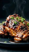 Glazed pork ribs with sesame seeds and green onions steaming hot on dark plate, Asian cuisine barbecue dish with caramelized sauce for restaurant menu.