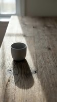 Empty white ceramic cup on wooden floor with natural sunlight casting shadow, minimalist interior design and morning light concept for home decor.