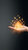 Hand holding a glowing miniature house with golden currency symbols floating above, representing real estate investment and global property wealth.