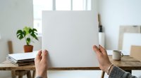 Hands holding blank white canvas on wooden desk with potted plant and natural window light, suitable for mockup and branding projects.