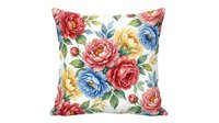 Colorful floral pillow cover featuring red, pink, yellow and blue roses with green leaves on white background, suitable for home decor and interior design.