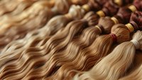 Rows of wavy blonde and brown hair extensions arranged in bundles, showcasing various natural shades from platinum to chestnut for salon and beauty industry use.