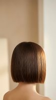 Rear view of woman with shoulder-length brunette bob haircut featuring blunt ends and smooth texture against neutral beige background, suitable for hair care and salon marketing.