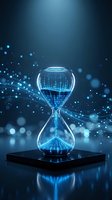 Digital hourglass with glowing blue data streams and particles representing time flow in futuristic technology concept for business presentations.
