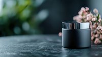 Black luxury cosmetic jar on dark textured background with pink flowers and bokeh effect, elegant skincare product photography for beauty industry.