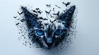 Mysterious cat face dissolving into flying bats and particles against light background, featuring intense blue eyes and dark artistic dispersion effect.