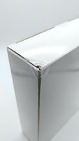 White cardboard box corner with clear plastic tape seal on neutral background for packaging and shipping needs.