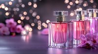 Luxury pink perfume bottles with cherry blossoms against blurred bokeh lights background, elegant fragrance composition for cosmetic advertising and beauty products.