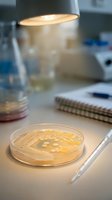 Laboratory petri dish with bacterial colonies under microscope lamp for microbiology research and scientific analysis in sterile medical environment.
