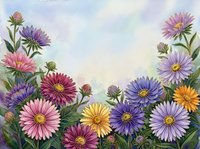 Colorful aster flowers border frame with purple pink yellow blooms on watercolor background for greeting cards and floral design projects.