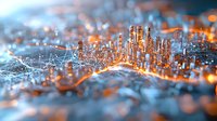 Futuristic glowing cityscape with network connections and orange light effects, digital technology concept showing modern urban development and connectivity.