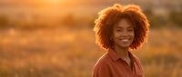Young African American woman with curly afro hair smiling warmly in golden sunset light wearing casual shirt in outdoor natural setting.
