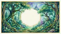 Enchanted forest frame with twisted trees and magical foliage creating circular opening. Fantasy woodland border for storytelling and design projects.