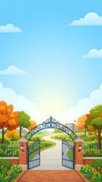 Ornate wrought iron gate entrance with brick pillars opens to a winding pathway through autumn park landscape with colorful fall foliage trees, manicured gardens, and fluffy white clouds in bright blue sky.