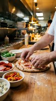 Professional chef preparing fresh pizza dough with toppings in busy commercial kitchen restaurant environment for culinary food service industry.