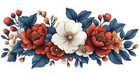 Elegant floral arrangement with red and white blooms, navy blue leaves and orange berries in horizontal composition, isolated on white background for design projects.