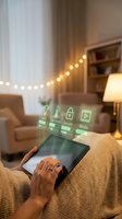 Smart home automation control with digital tablet showing IoT interface icons for modern living room technology management and connectivity.