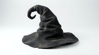 Black wizard hat with curved tip isolated on white background for Halloween costume design and magical themed projects.