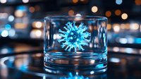 Glowing blue virus cell trapped in glass container with blurred bokeh background, scientific research concept visualization for medical and healthcare studies.