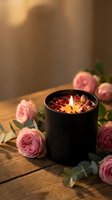 Black candle with rose petals and flame surrounded by pink roses on wooden table creating romantic spa atmosphere for relaxation and wellness.