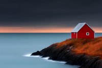 Red wooden cottage on rocky coastal cliff against moody sunset sky and calm ocean waters, dramatic minimalist Nordic seascape with golden grass.
