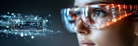 Young woman wearing futuristic protective glasses with digital interface and glowing elements against dark background with technological visualization.