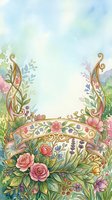 Watercolor floral frame with gold ornamental banner, roses, lavender, and garden blooms on soft pastel background, perfect for wedding or greeting cards.