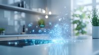 Digital transformation concept showing smart home automation interface with glowing blue icons and particles emerging from modern kitchen countertop surface.