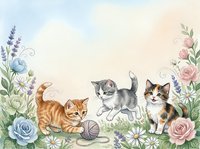 Watercolor kittens playing among roses, daisies and lavender, soft pastel floral border frame with copy space for greeting cards.
