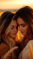 Two young women sharing intimate moment during golden hour sunset with warm lighting and peaceful expressions for lifestyle photography.