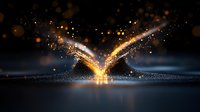 Magical glowing butterfly silhouette formed by golden light rays and sparkles on dark background with bokeh effect and reflection on surface.