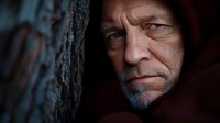 Dramatic close-up portrait of mature Caucasian man in hood against dark background, showing intense gaze and facial features with moody lighting and shadow play.