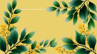 Green leaves and yellow flowers create elegant botanical frame on golden background. Decorative floral border design for wedding invitations and greeting cards.