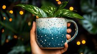 Ceramic mug with blue ombre speckled glaze pattern held against blurred bokeh lights background, green plant leaves in cup creating cozy atmosphere.