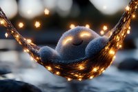 Cozy plush toy sleeping in illuminated hammock with warm fairy lights creating magical atmosphere against dark background. Soft focus bokeh adds dreamy mood.