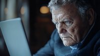 Senior Caucasian man with gray hair looking at laptop screen with serious concentrated expression in dark room illuminated by blue computer light.