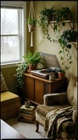 Cozy retro living room corner with vinyl record player, lush green houseplants, macrame hanger, velvet armchair, and stacked books in warm earthy tones.