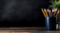Colorful wooden pencils in dark blue holder on wooden desk against black background with copy space. Minimalist office composition.