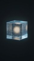 Transparent glass cube containing glowing galaxy with stars and nebula, isolated on dark background for design, web, and digital projects.
