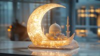 Glowing crescent moon lamp with illuminated mosque miniature creating magical Ramadan atmosphere on reflective surface. Decorative Islamic holiday lighting.