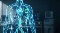 Holographic human body displaying glowing lymphatic system and internal organs in medical laboratory environment with advanced healthcare technology equipment.