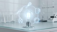 Light bulb with glowing innovation icons on glass table in modern laboratory representing creative technology and scientific research breakthrough.