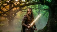 Fantasy warrior with long hair holding glowing sword in mystical forest with magical light effects and ancient trees for gaming and entertainment content.