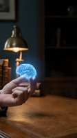 Hand holding glowing blue holographic brain above wooden desk in modern office with warm lighting for artificial intelligence and innovation concepts.