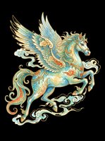 Ornate winged horse with turquoise and gold decorative details, isolated on transparent background. Ready for t-shirts, stickers, clipart, sublimation, and print-on-demand designs.