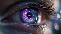 Close up macro shot of human eye with purple digital iris displaying AGI text, representing artificial general intelligence and future technology concept.